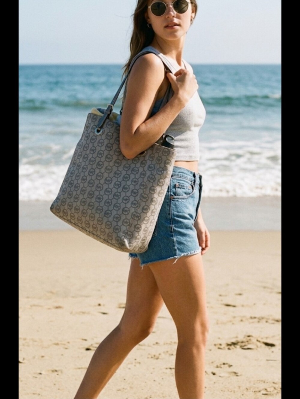 Micheal Kors Jetset Tote Silver Glitter Monogram Grey Gunmetal Large Retail 198 - Picture 6 of 8